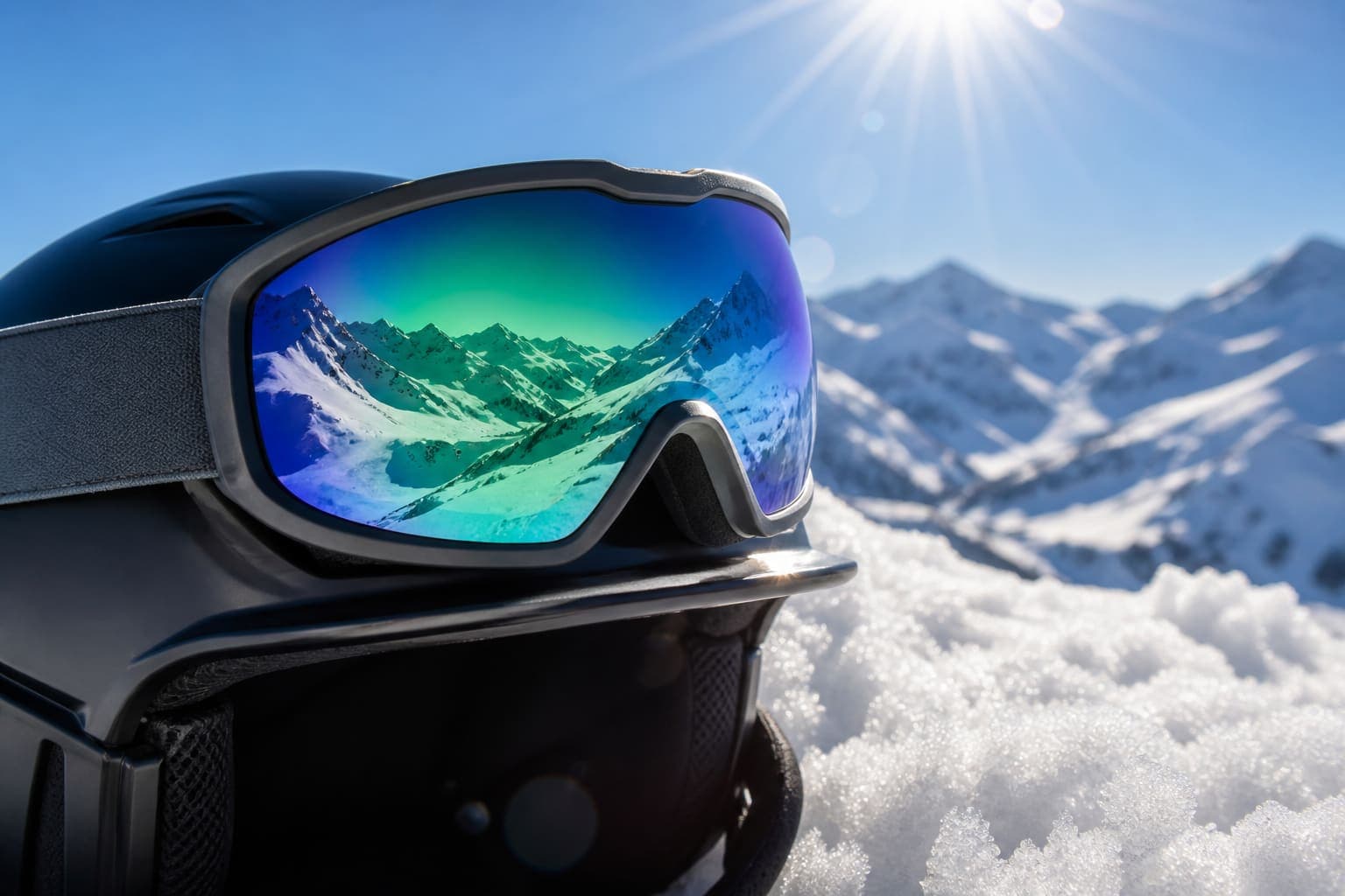 Gafas de esquí sobre casco en la montaña
