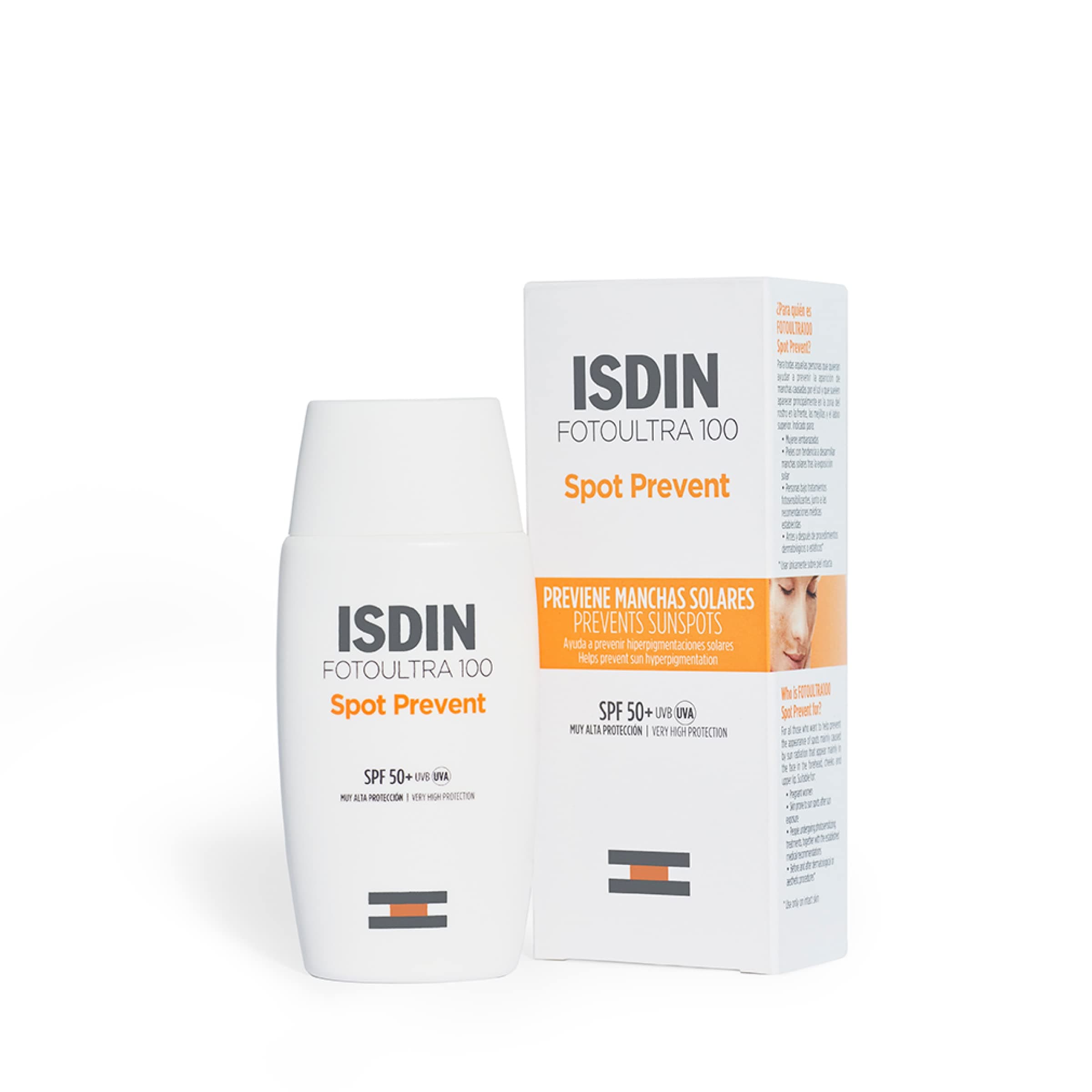 Envase blanco de ISDIN Fotoultra 100 Spot Prevent junto a su caja, destacando su alta protección solar.