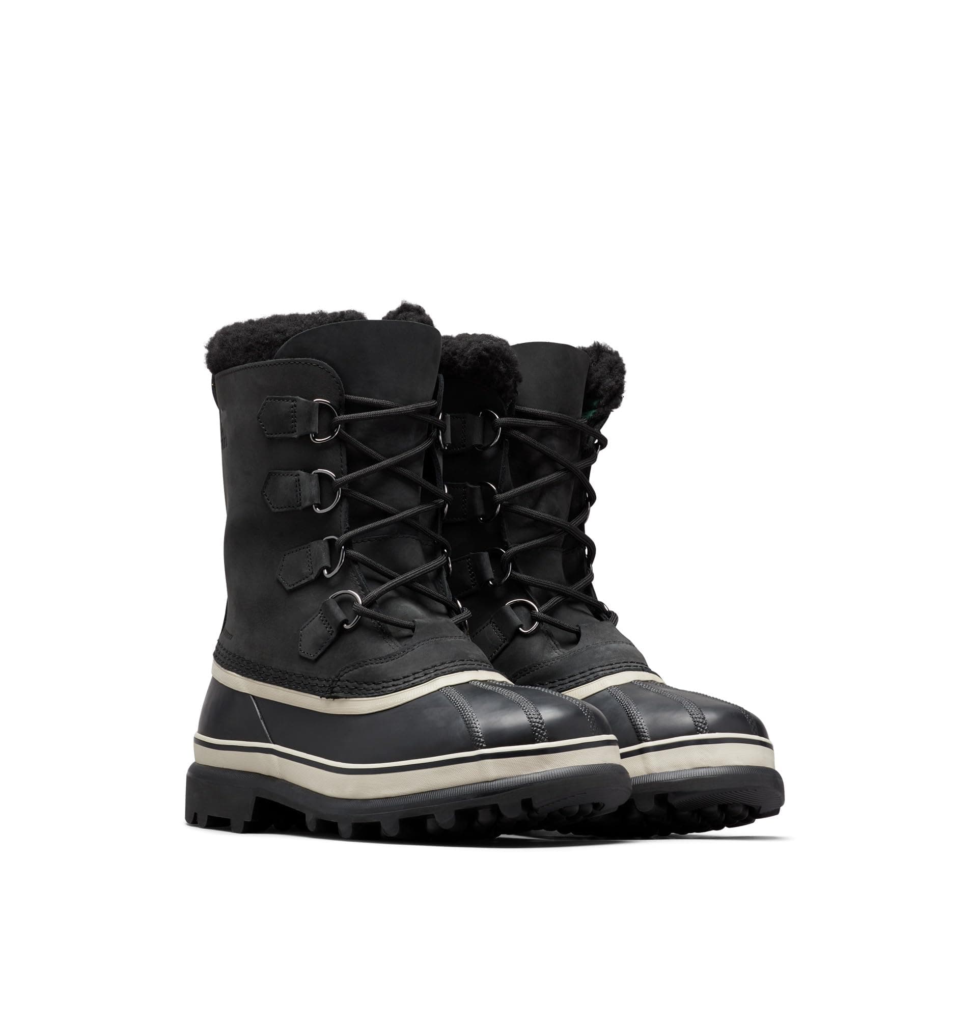 Par de botas de nieve Sorel Caribou Wool NM1873 en color negro con detalles en blanco, sobre un fondo blanco.