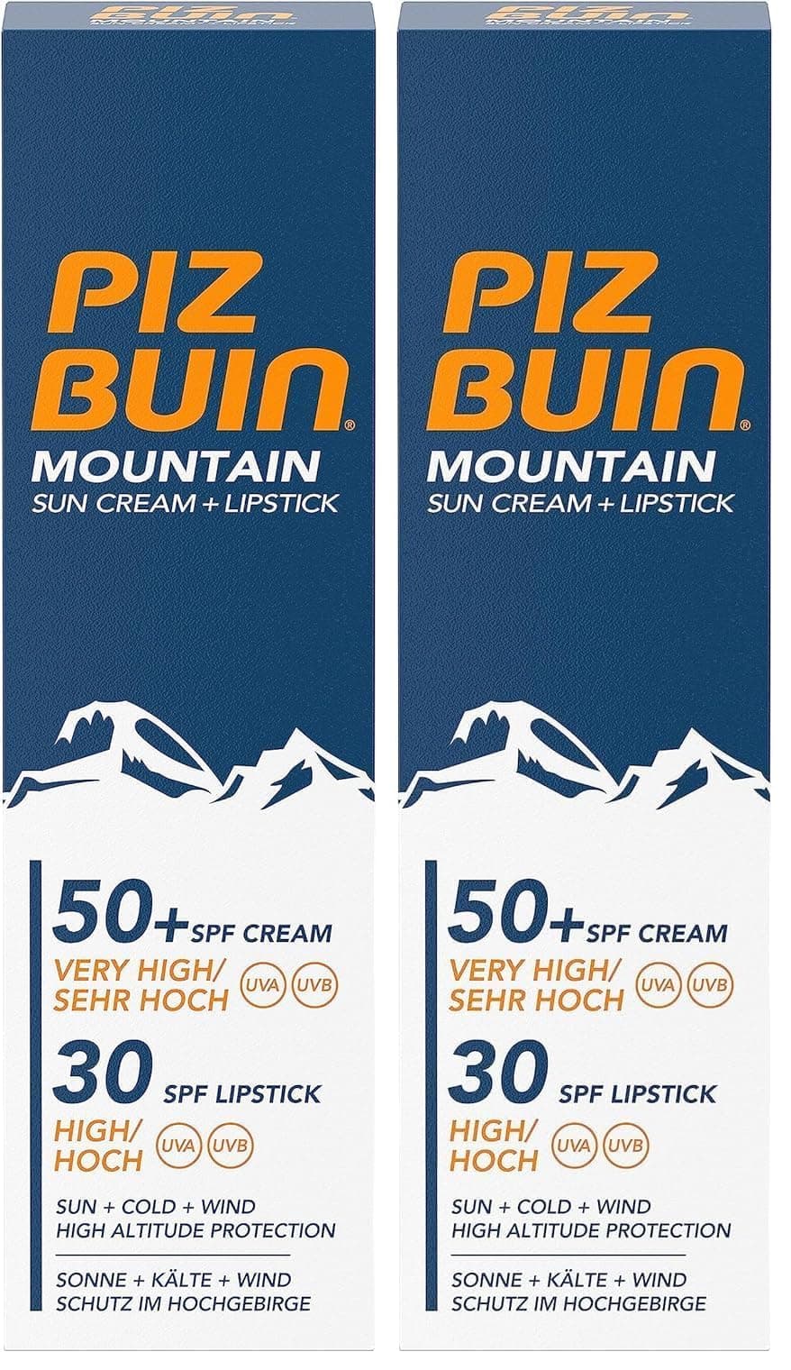 Variedad de protectores labiales con SPF, algunos en formato stick y otros en tubo, sobre un fondo nevado que sugiere un entorno de montaña.