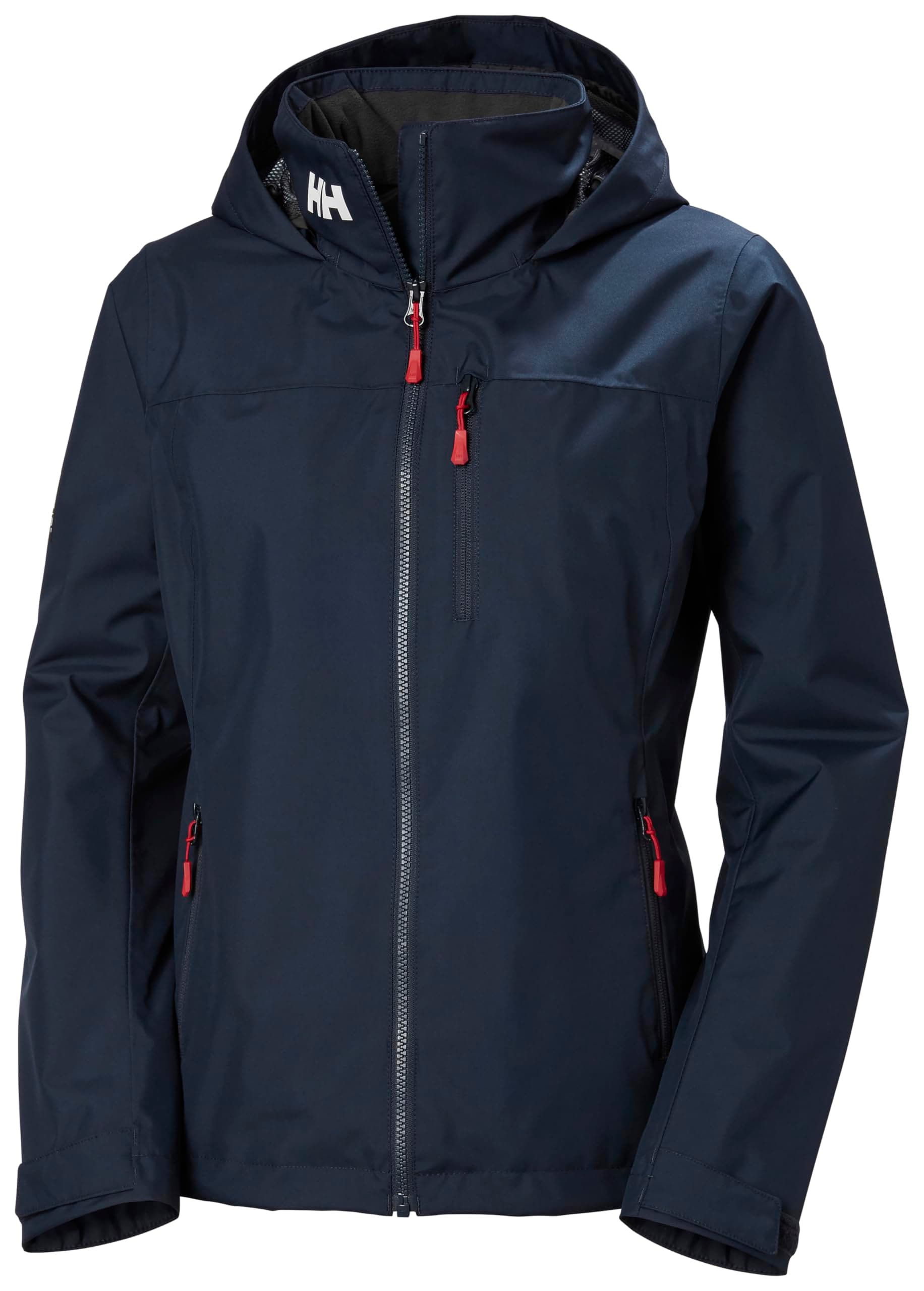 Chaqueta Helly Hansen Crew Hooded Midlayer azul marino para mujer, con cremalleras rojas y logo de la marca en el pecho.
