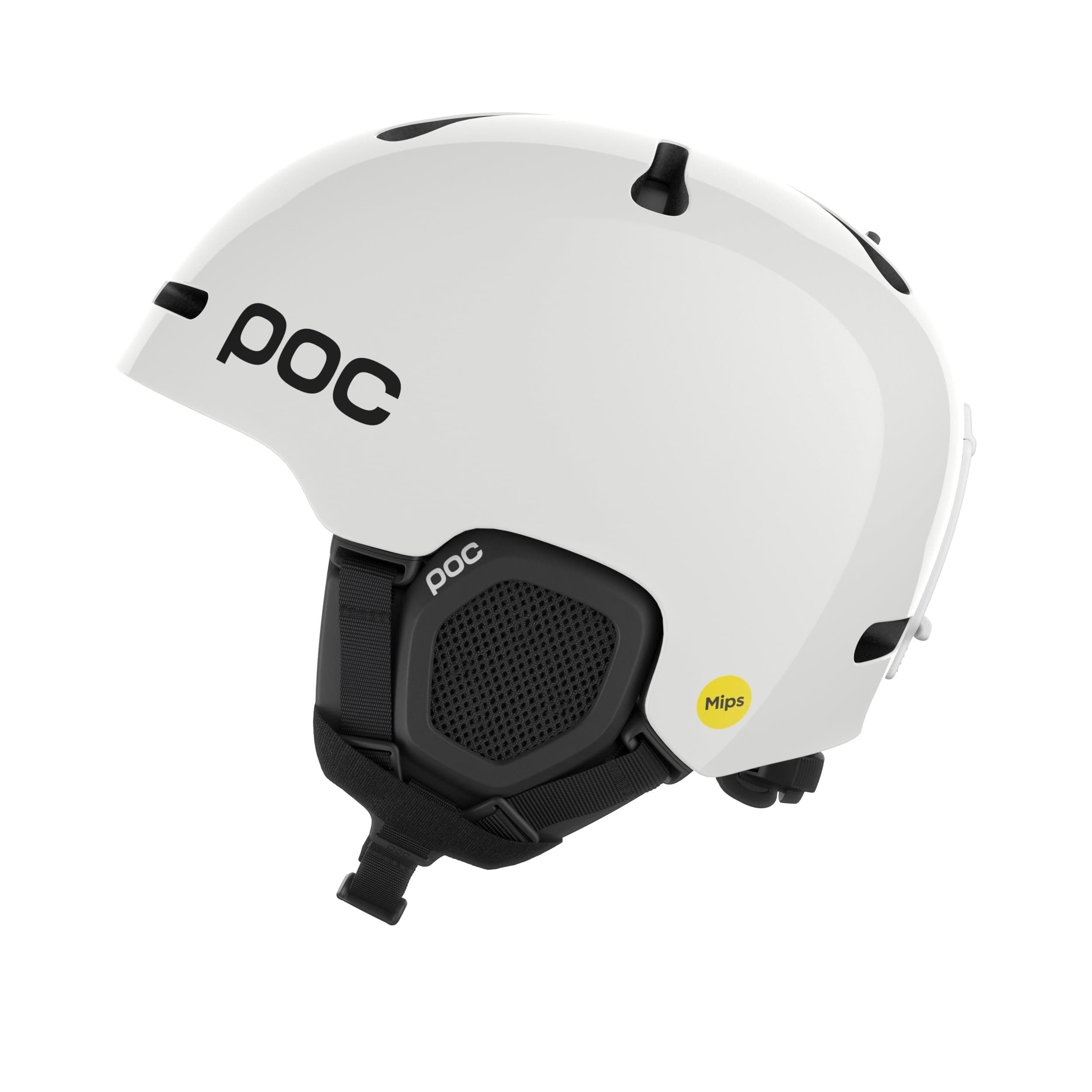 Casco de esquí POC Fornix MIPS de color blanco brillante, visto desde el lateral, con el logo de POC en negro.