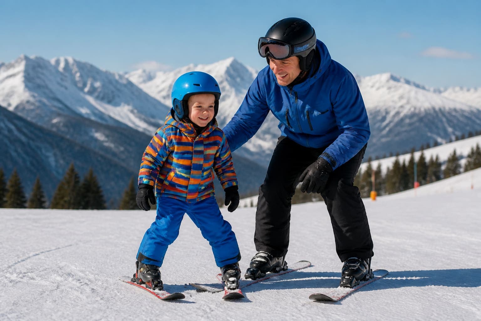Niño aprendiendo a esquiar con instructor en Sierra Nevada