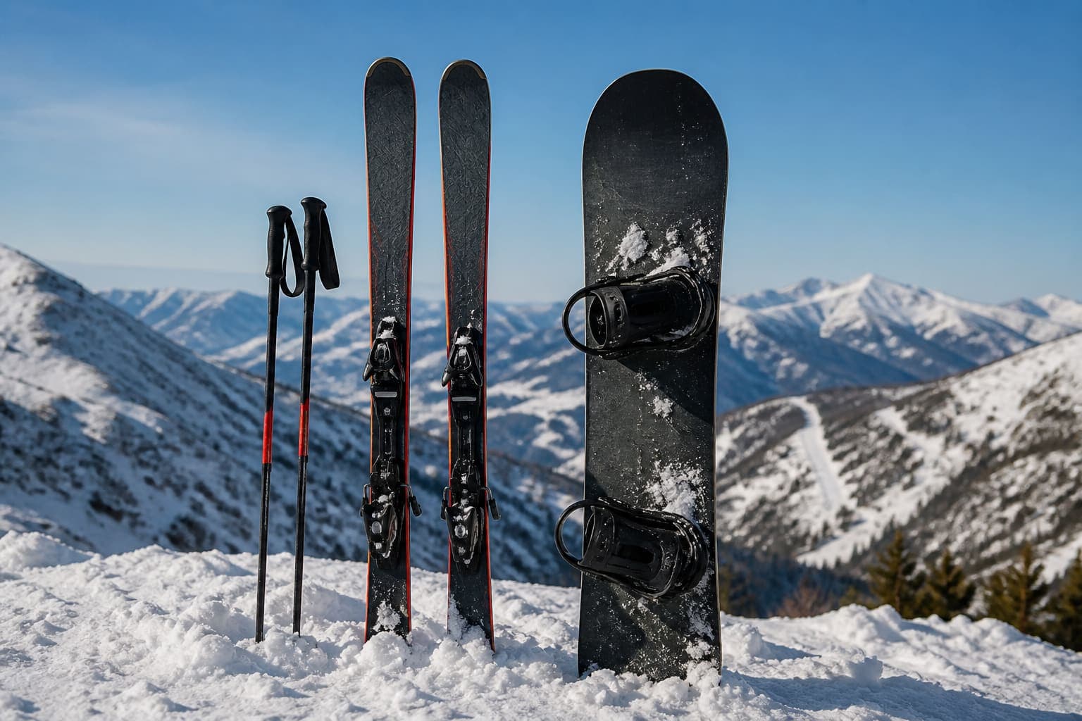 Esquís y snowboard en la nieve listos para elegir