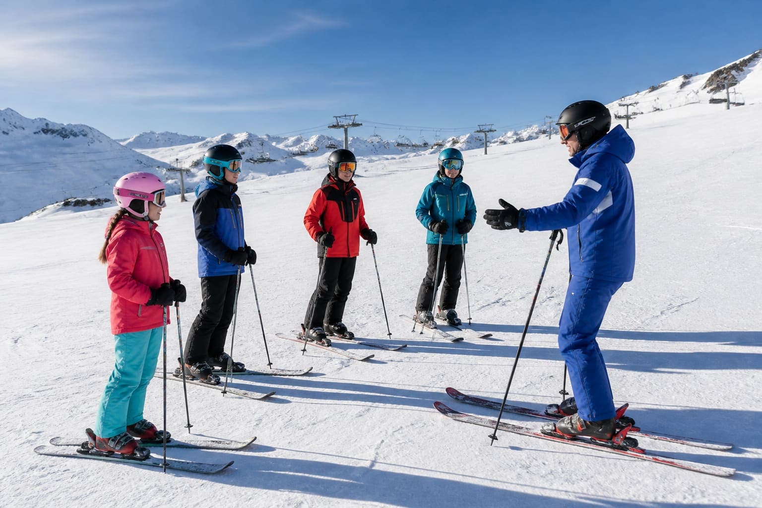 Grupo en clase de esquí eligiendo formato en Sierra Nevada