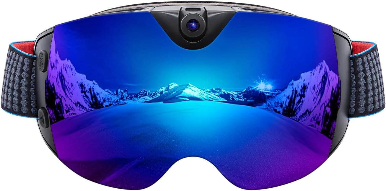 Gafas de esquí OhO sunshine con lente iridiscente azul-púrpura y cámara 4K integrada en la parte superior.